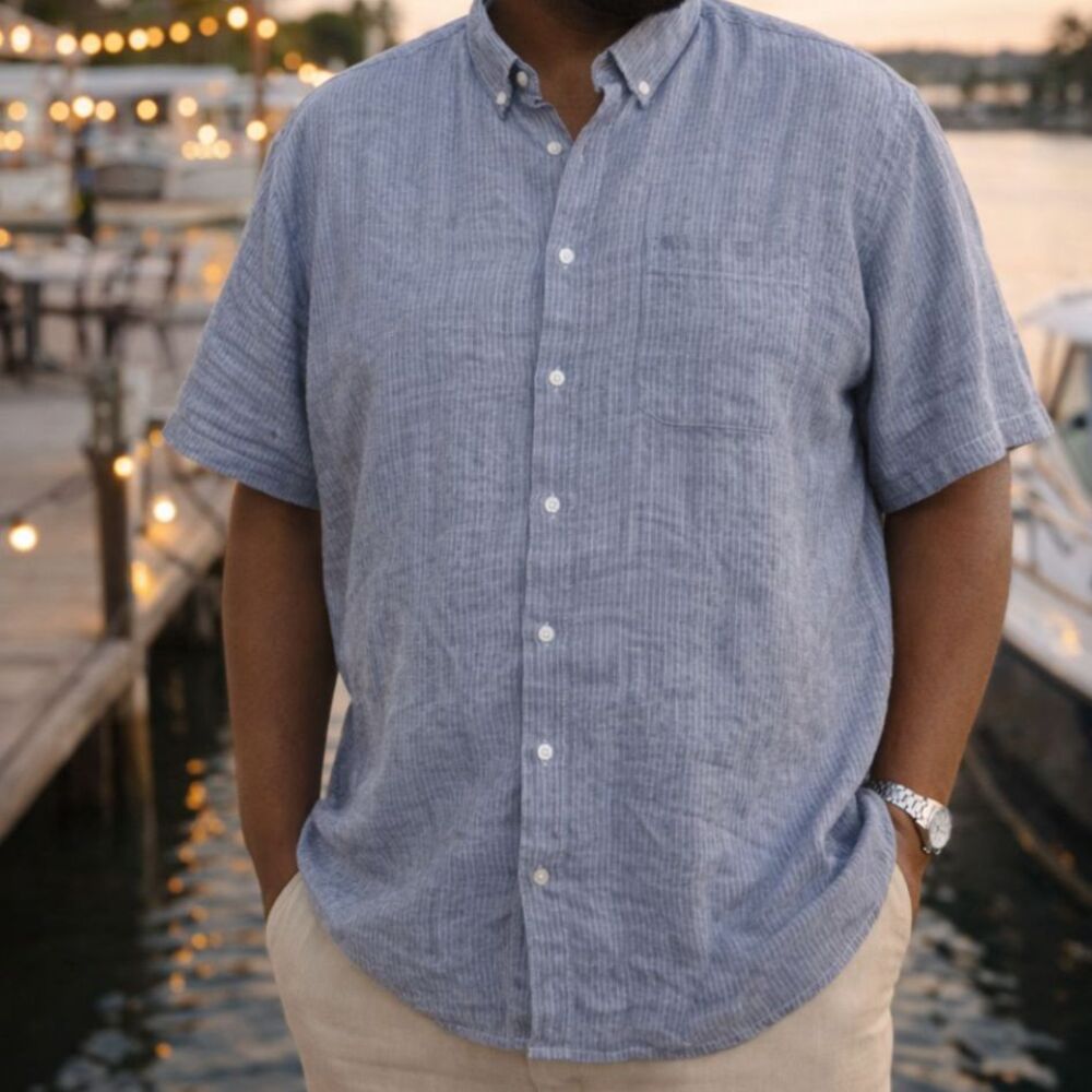 Everlane NWT XXL Mens The Linen Short-Sleeve Standard Fit Shirt Blue Stripe